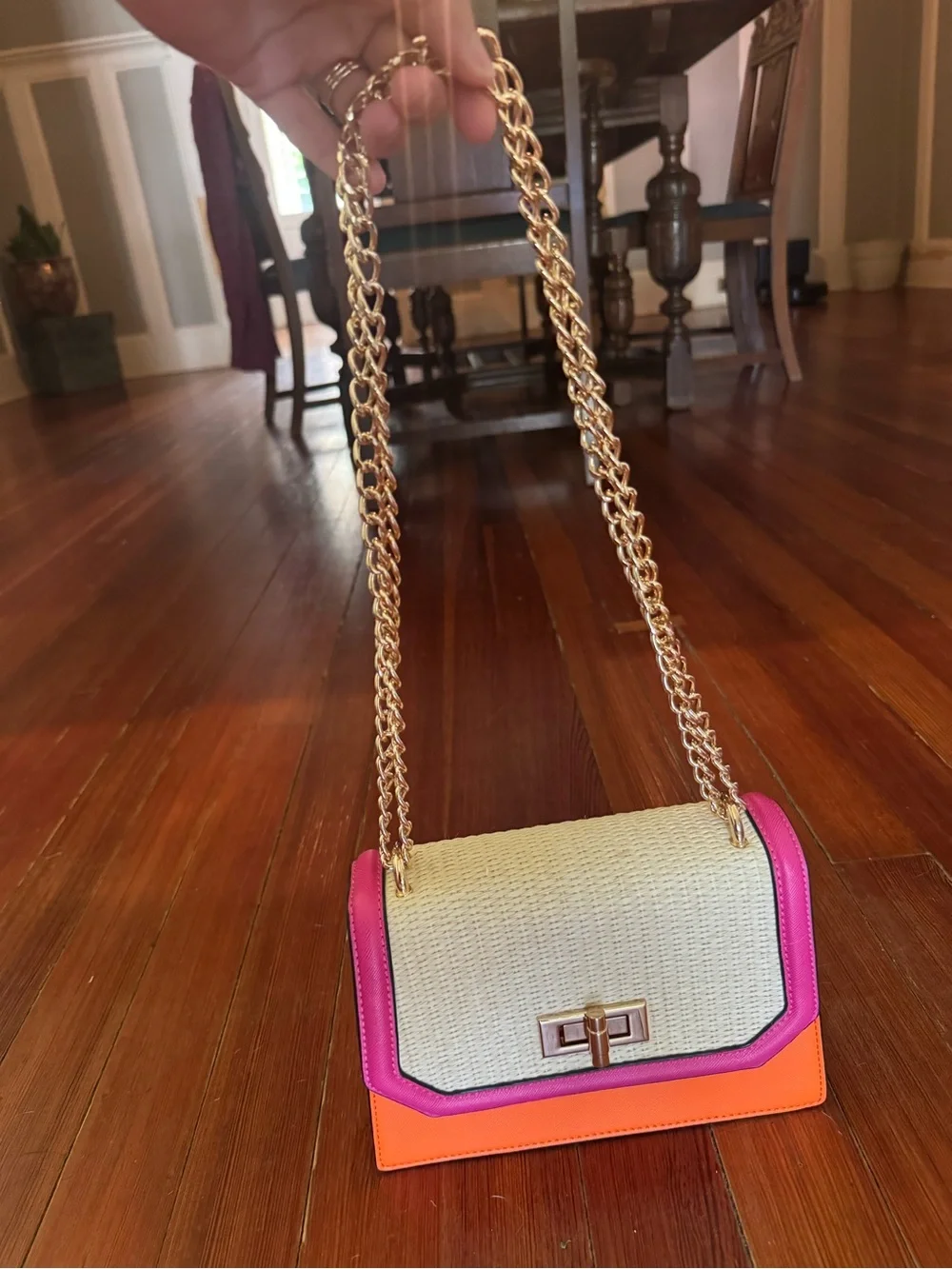Woven Straw Crossbody Bag with Pink & Orange Trim